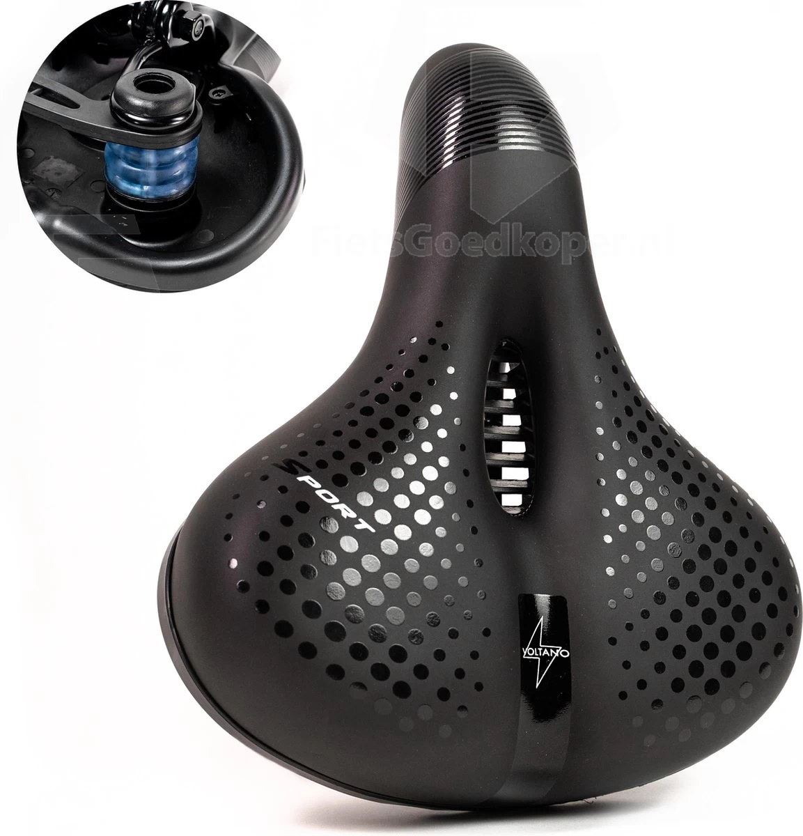 Voltano Pro Gel Fietszadel – Met Uitsparing – Zwart – Unisex - Inclusief Zadelstrop - Ergonomisch Gevormd - Elastomeer Vering 3 Voltano Pro Gel Fietszadel – Met Uitsparing – Zwart – Unisex - Inclusief Zadelstrop - Ergonomisch Gevormd - Elastomeer Vering