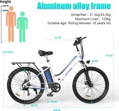 HITWAY Elektrische Fiets Voor Volwassenen | Ebikes Fietsen Stadsfiets | 250W 36V Motor | 7 VERSNELLINGSSYSTEE | 26 Inch - Wit -Extreem Snel Rijden 1200x1117