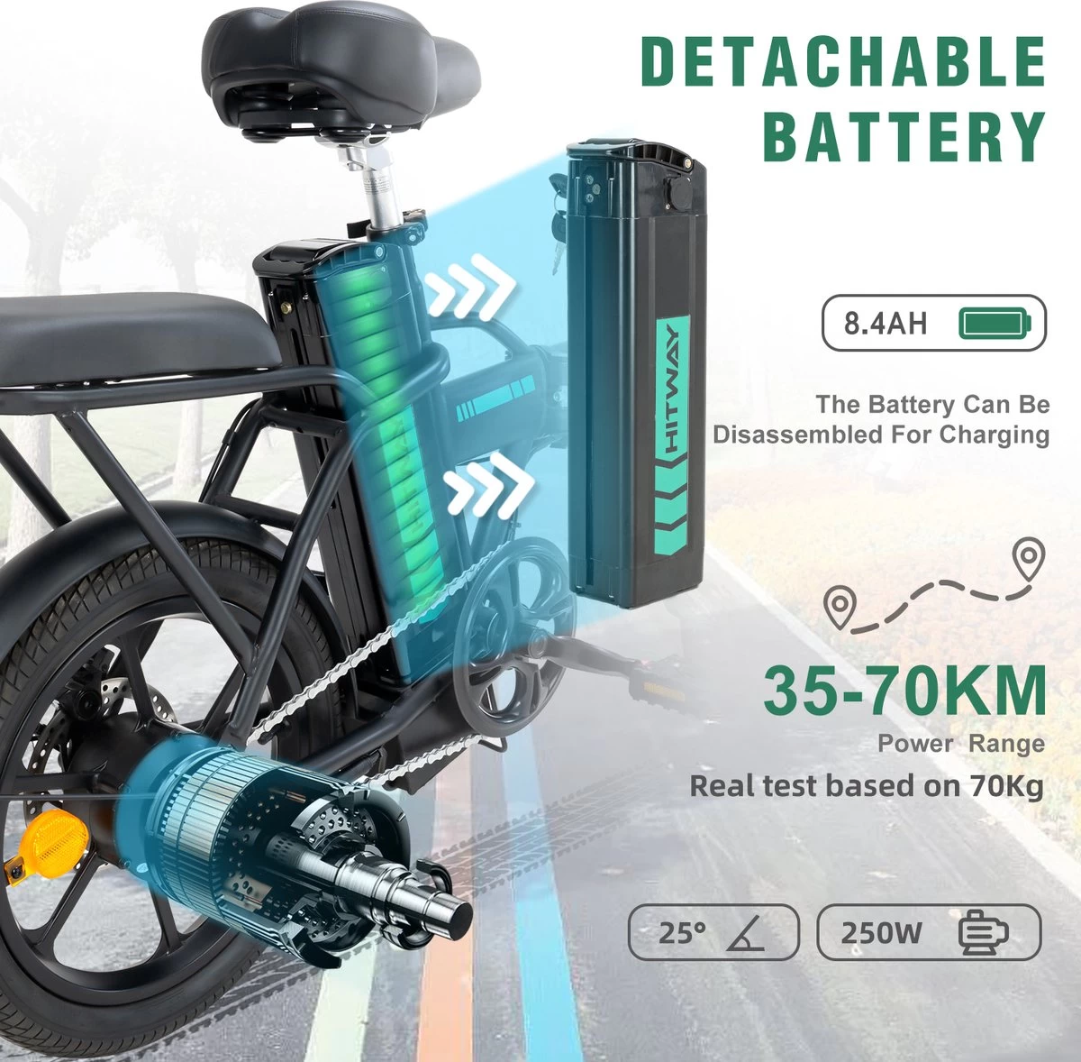 HITWAY Elektrische Fiets Met 36V 7.5Ah Verwijderbare Batterij, Bereik Tot 75 Km Lange Afstand Elektrische Fiets 16 Inch, 250W Achtermotor E-Citybike Holland Bike 4 HITWAY Elektrische Fiets Met 36V 7.5Ah Verwijderbare Batterij, Bereik Tot 75 Km Lange Afstand Elektrische Fiets 16 Inch, 250W Achtermotor E-Citybike Holland Bike - Afbeelding 2