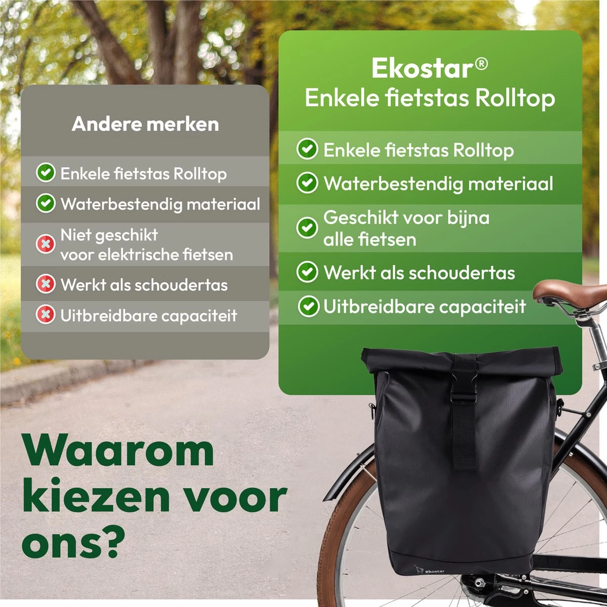 Ekostar® Enkele Fietstas - Rolltop - 19 Liter - E-Bikes - Zwart 9 Ekostar® Enkele Fietstas - Rolltop - 19 Liter - E-Bikes - Zwart - Afbeelding 7