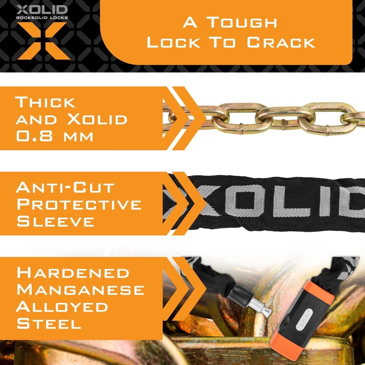 Xolid Kettingslot Fiets - Reflective Fietsslot Ketting - Slot 120CM 5 Xolid Kettingslot Fiets - Reflective Fietsslot Ketting - Slot 120CM - Afbeelding 3