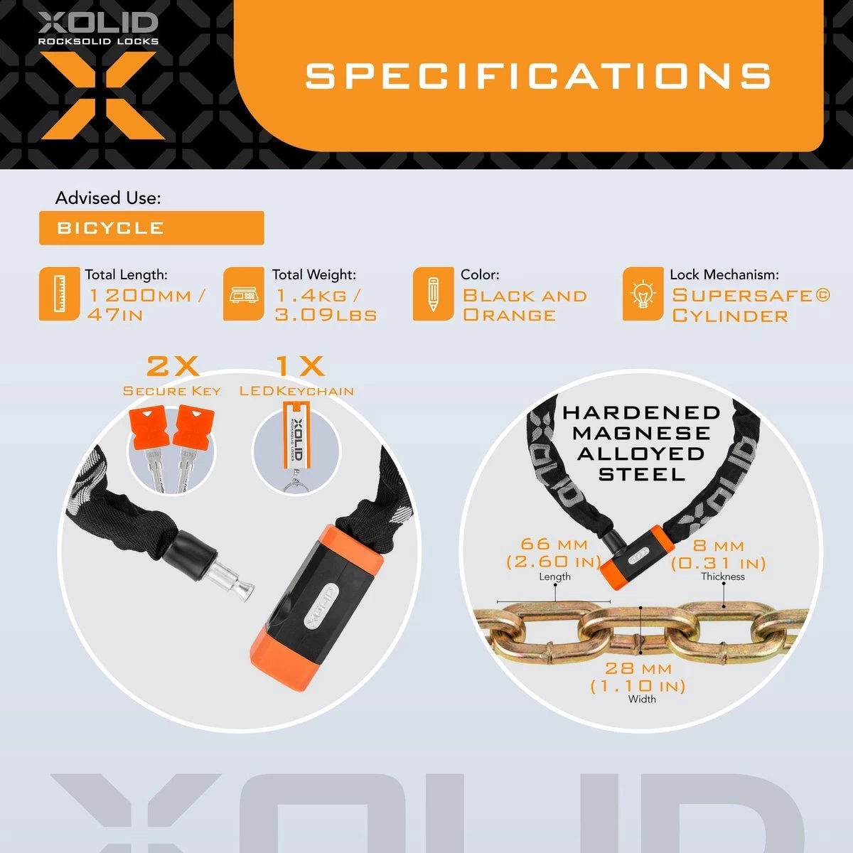 Xolid Kettingslot Fiets - Reflective Fietsslot Ketting - Slot 120CM 6 Xolid Kettingslot Fiets - Reflective Fietsslot Ketting - Slot 120CM - Afbeelding 4