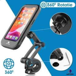 MIFOR® Fiets Telefoonhouder, Waterdichte Smartphonehouder Met Touchscreen, 360 ° Draaibaar, In Hoogte Verstelbaar Voor IPhone Samsung Galaxy Huawei - UNIVERSEEL - Fietsmotor, Zwart