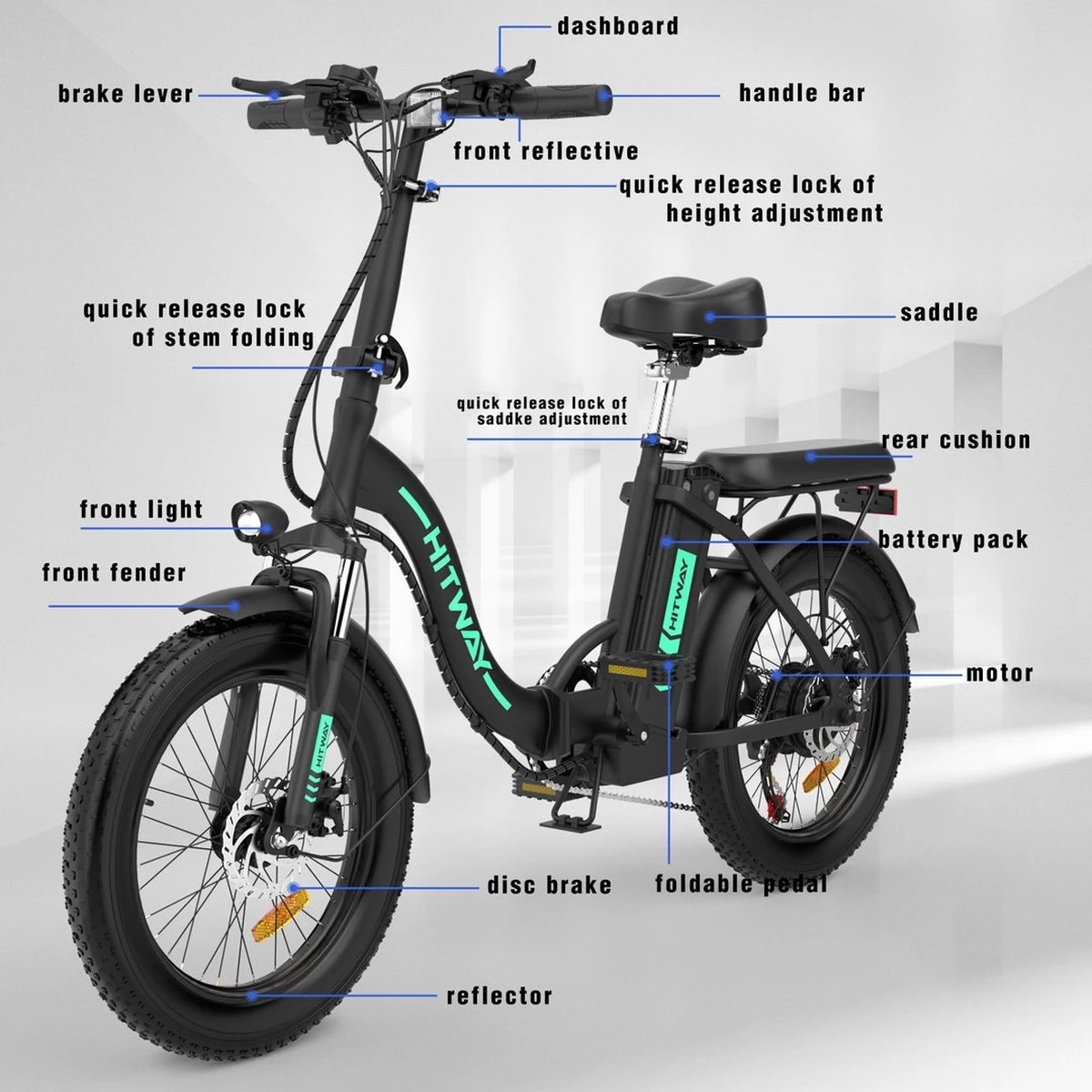 HITWAY E-bike Elektrische Fiets 20" Vouwfiets Met Dikke Banden, 250W/36V/11,2Ah Accu, 35-90 Km, Offroad-mountainbike Met Shimano 7 Versnellingen, CityBike Voor Heren En Dames 5 HITWAY E-bike Elektrische Fiets 20" Vouwfiets Met Dikke Banden, 250W/36V/11,2Ah Accu, 35-90 Km, Offroad-mountainbike Met Shimano 7 Versnellingen, CityBike Voor Heren En Dames - Afbeelding 3