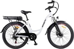 Myatu E-Bike Heren En Dames Lage Instap Met 45 Cm Aluminium Frame, 6 Versnellingen, 250 Wh Afneembare Lithium Batterij 40-80 Km Range, Trekking Ebike Met 1.95 X 26 Inch Wiel (Wit, Urban)