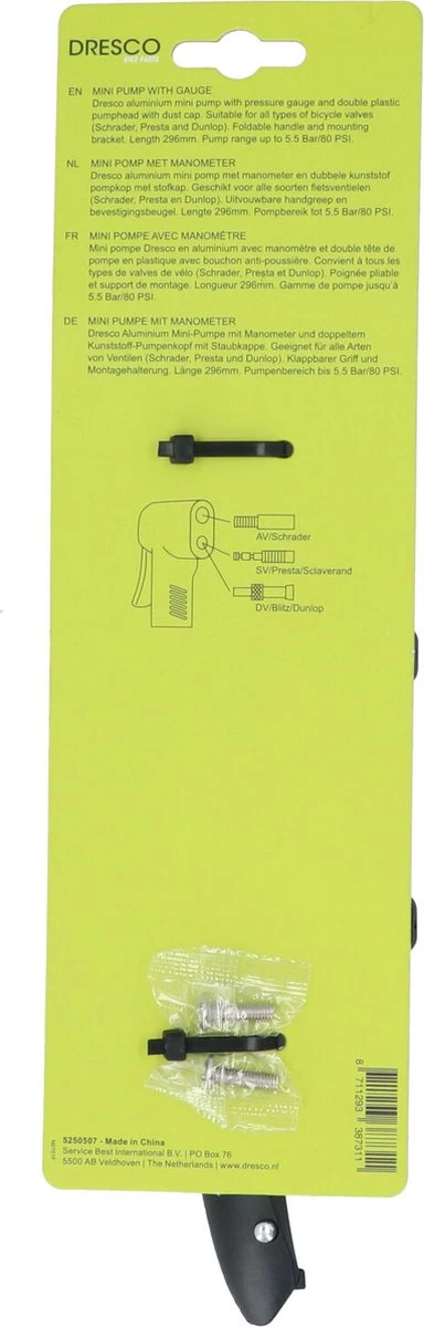 Dresco Mini Pomp Met Manometer 29,6cm - Fietspomp 4 Dresco Mini Pomp Met Manometer 29,6cm - Fietspomp - Afbeelding 2
